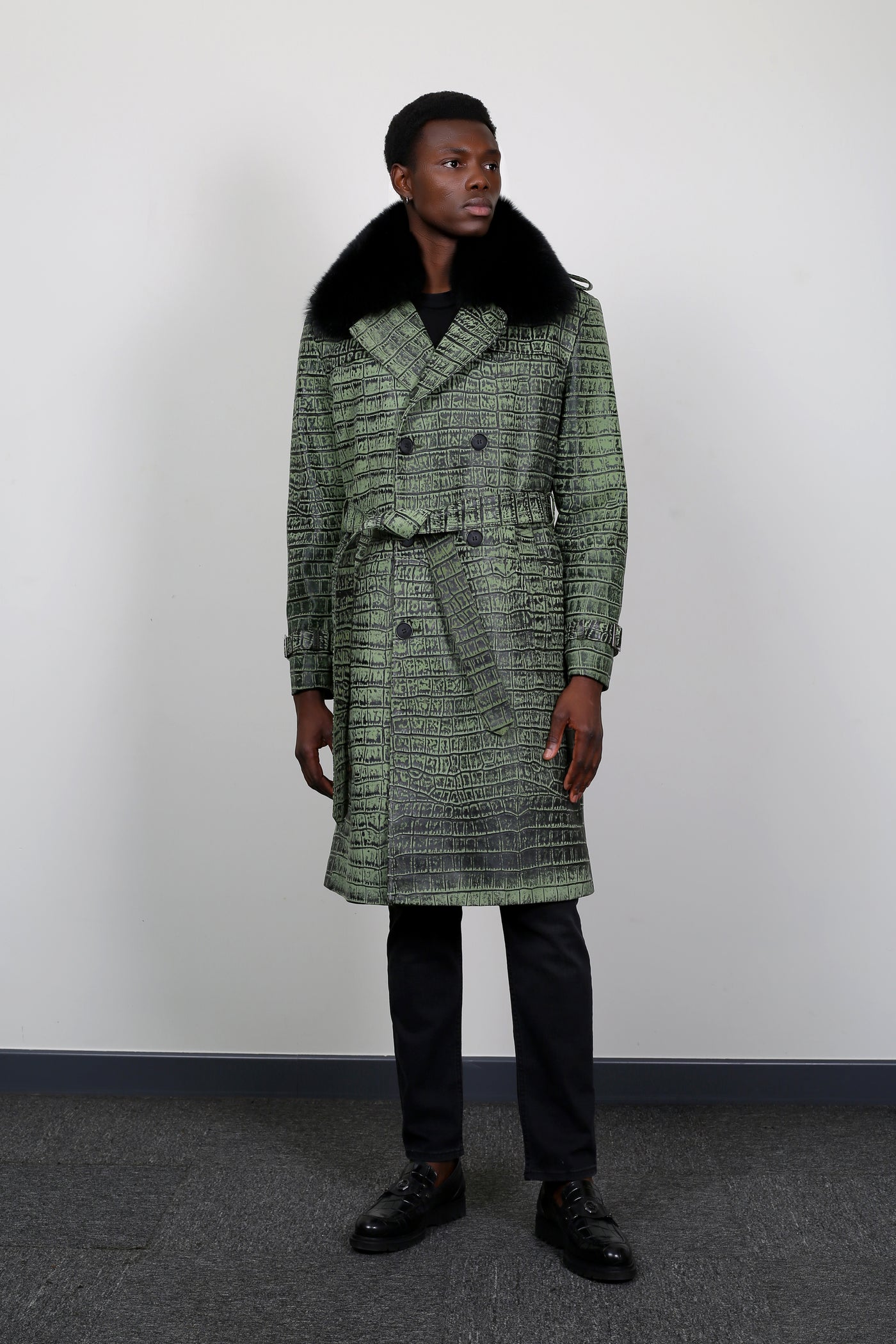 Kashani Green Embossed Alligator Trench Coat with Detachable Fox Fur Collar - Dudes Boutique