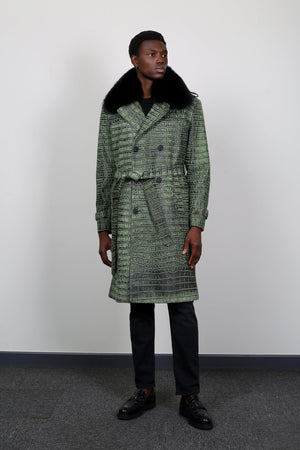 Kashani Green Embossed Alligator Trench Coat with Detachable Fox Fur Collar - Dudes Boutique