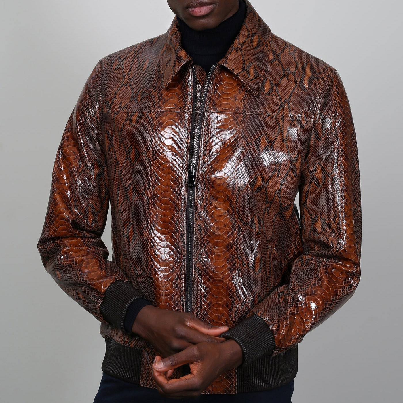 Kashani Men's Brown Genuine Python Leather Bomber Jacket - Dudes Boutique