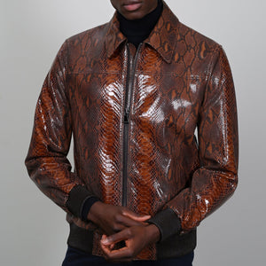 Kashani Men's Brown Genuine Python Leather Bomber Jacket - Dudes Boutique