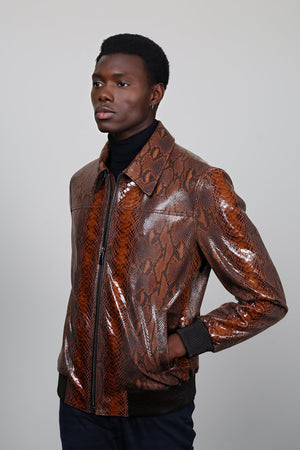 Kashani Men's Brown Genuine Python Leather Bomber Jacket - Dudes Boutique
