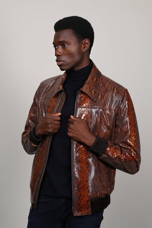 Kashani Men's Brown Genuine Python Leather Bomber Jacket - Dudes Boutique
