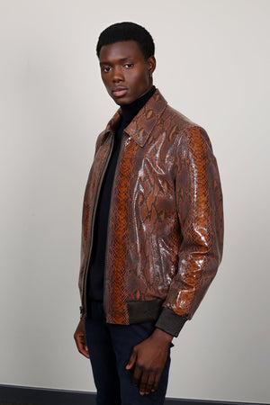 Kashani Men's Brown Genuine Python Leather Bomber Jacket - Dudes Boutique
