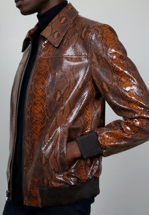 Kashani Men's Brown Genuine Python Leather Bomber Jacket - Dudes Boutique
