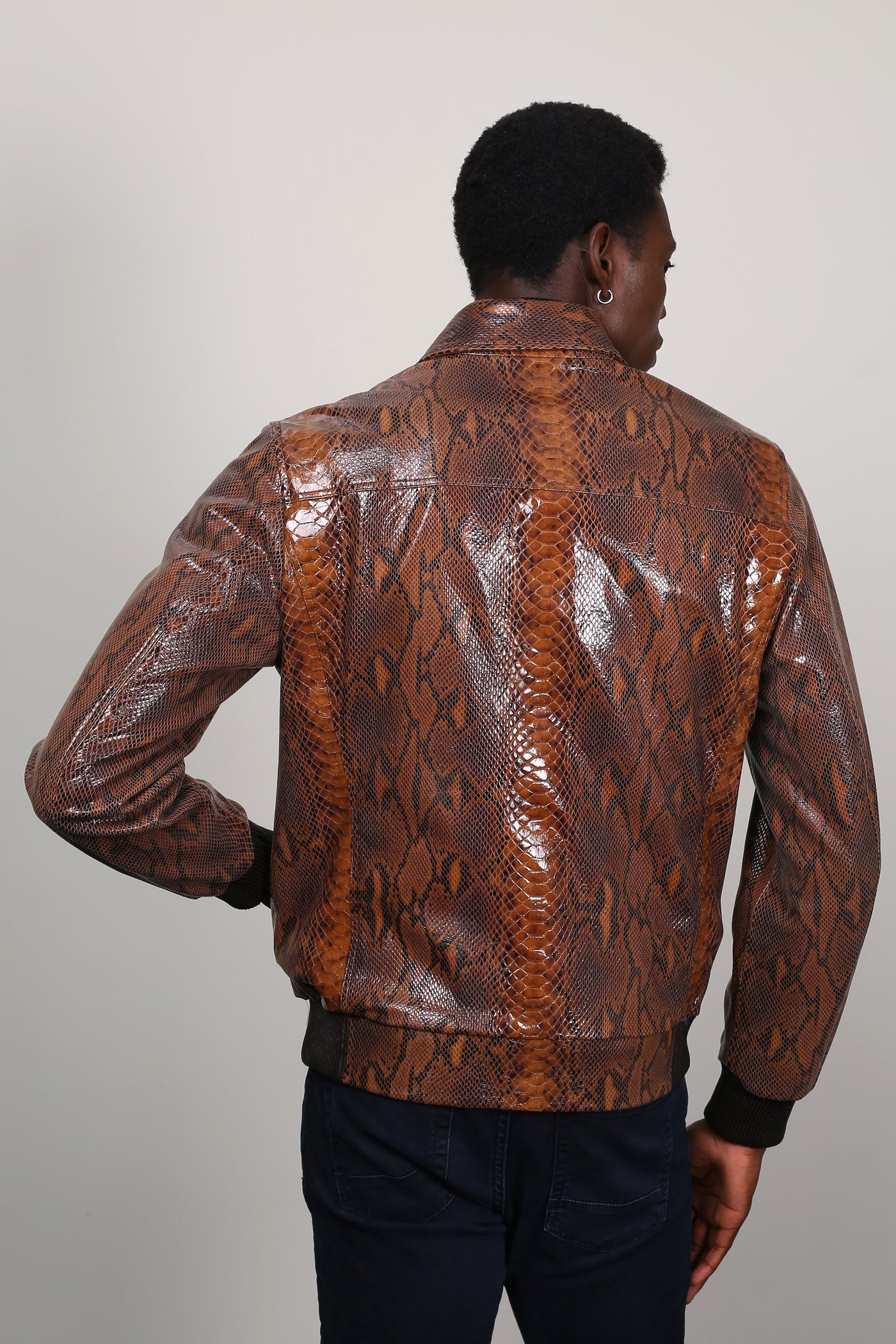 Kashani Men's Brown Genuine Python Leather Bomber Jacket - Dudes Boutique