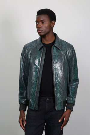 Kashani Men's Green Genuine Python Leather Bomber Jacket - Dudes Boutique