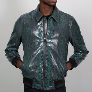 Kashani Men's Green Genuine Python Leather Bomber Jacket - Dudes Boutique