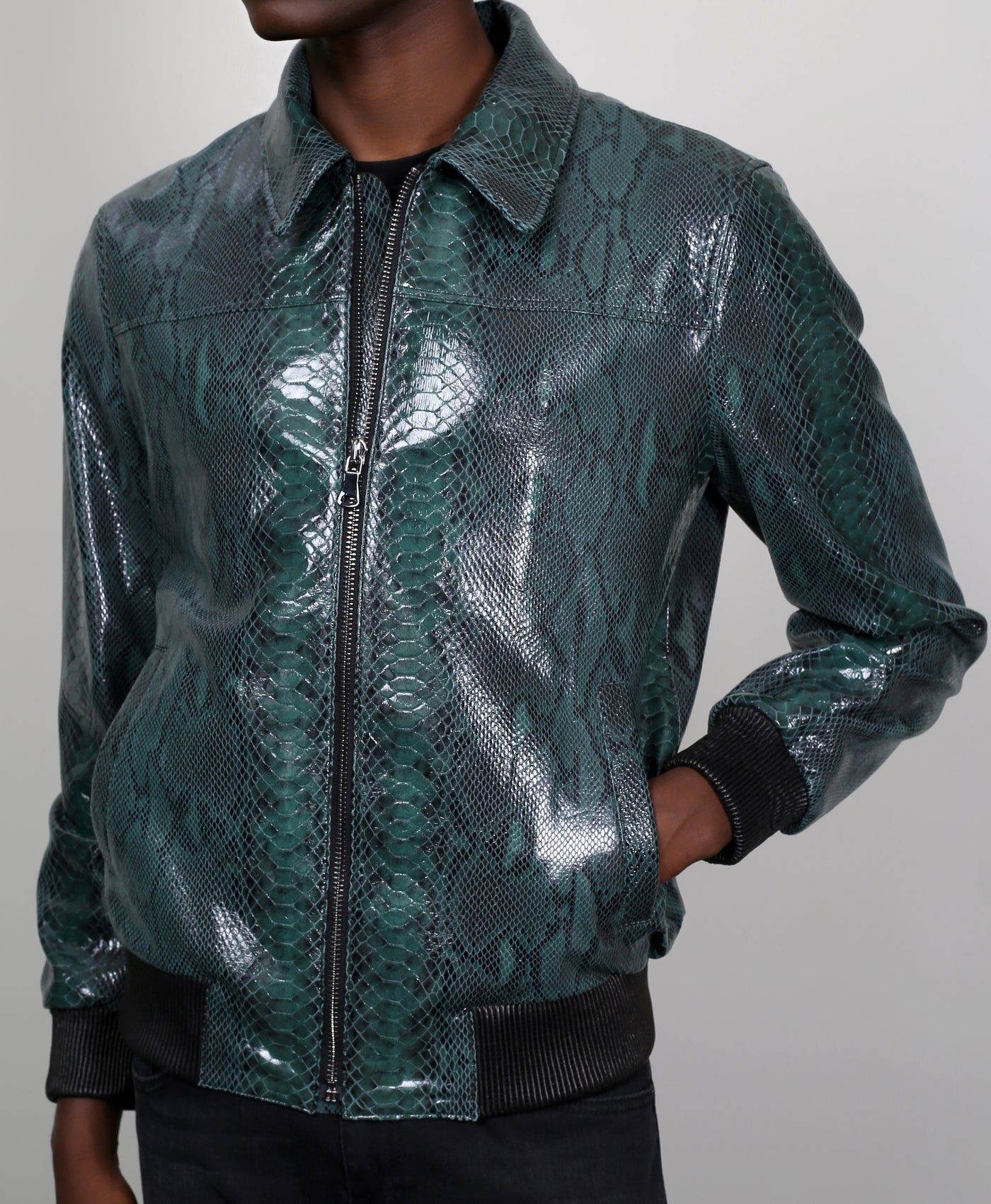 Kashani Men's Green Genuine Python Leather Bomber Jacket - Dudes Boutique