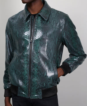 Kashani Men's Green Genuine Python Leather Bomber Jacket - Dudes Boutique