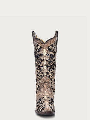 Corral Women's Black Glitter Inlay Crystal Snip Toe Cowboy Boots - Dudes Boutique