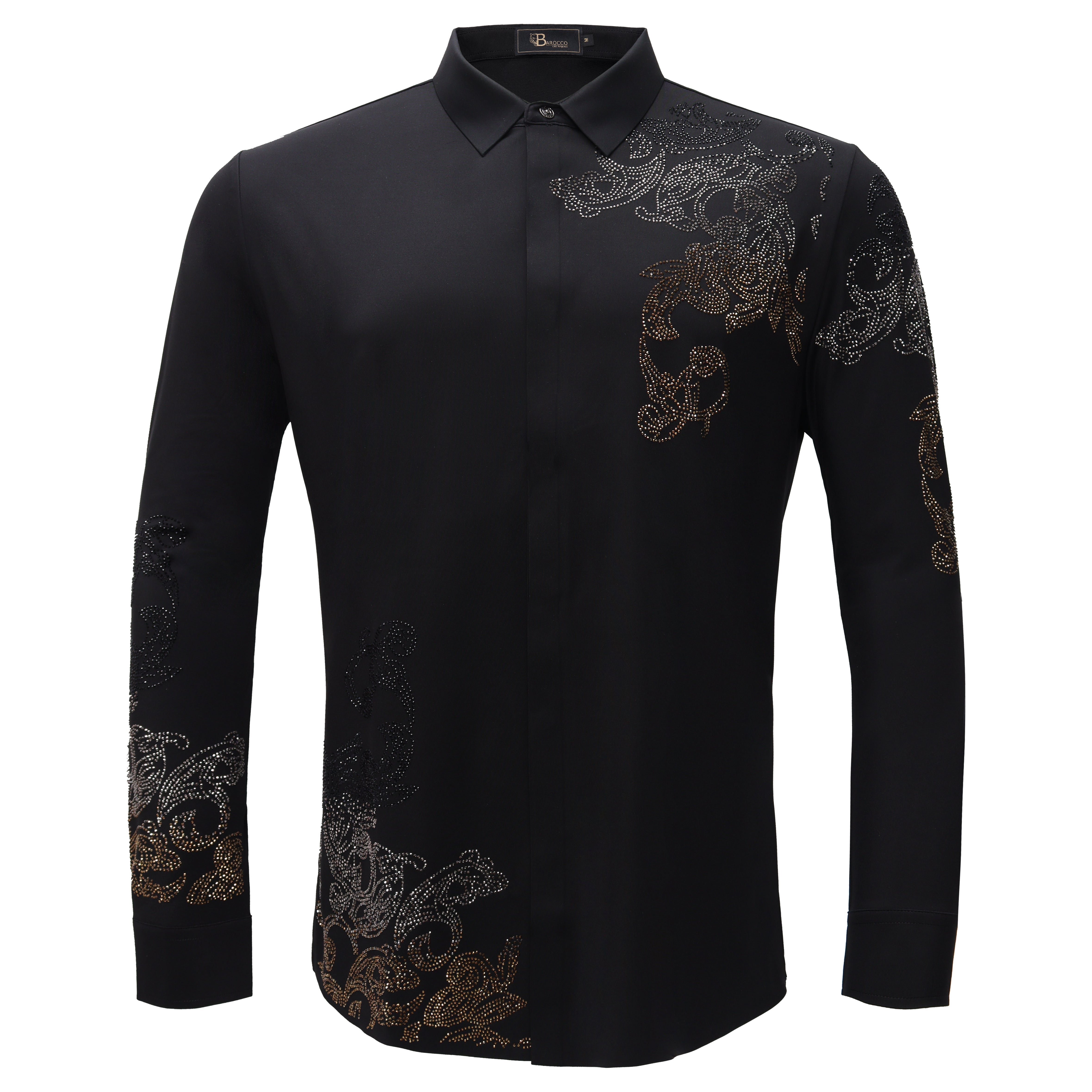 Floral Crystal Shirt-BLACK/GUN GOLD - Dudes Boutique