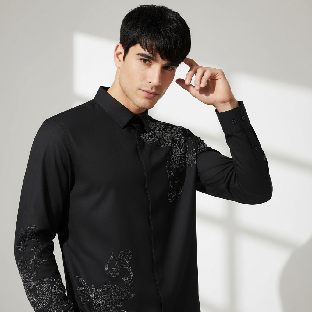 Floral Crystal Shirt BLACK/GUN SILVER