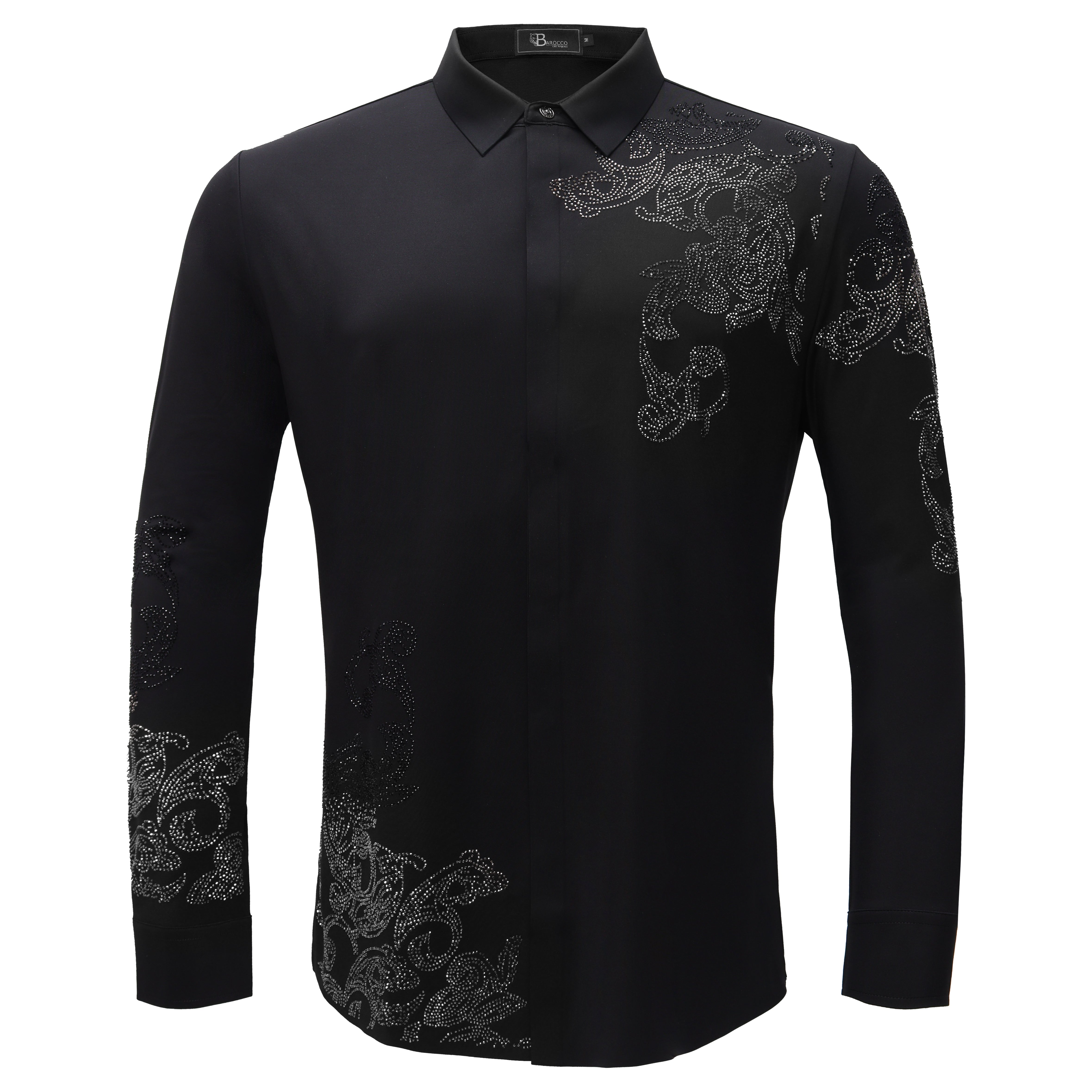 Floral Crystal Shirt BLACK/GUN SILVER - Dudes Boutique