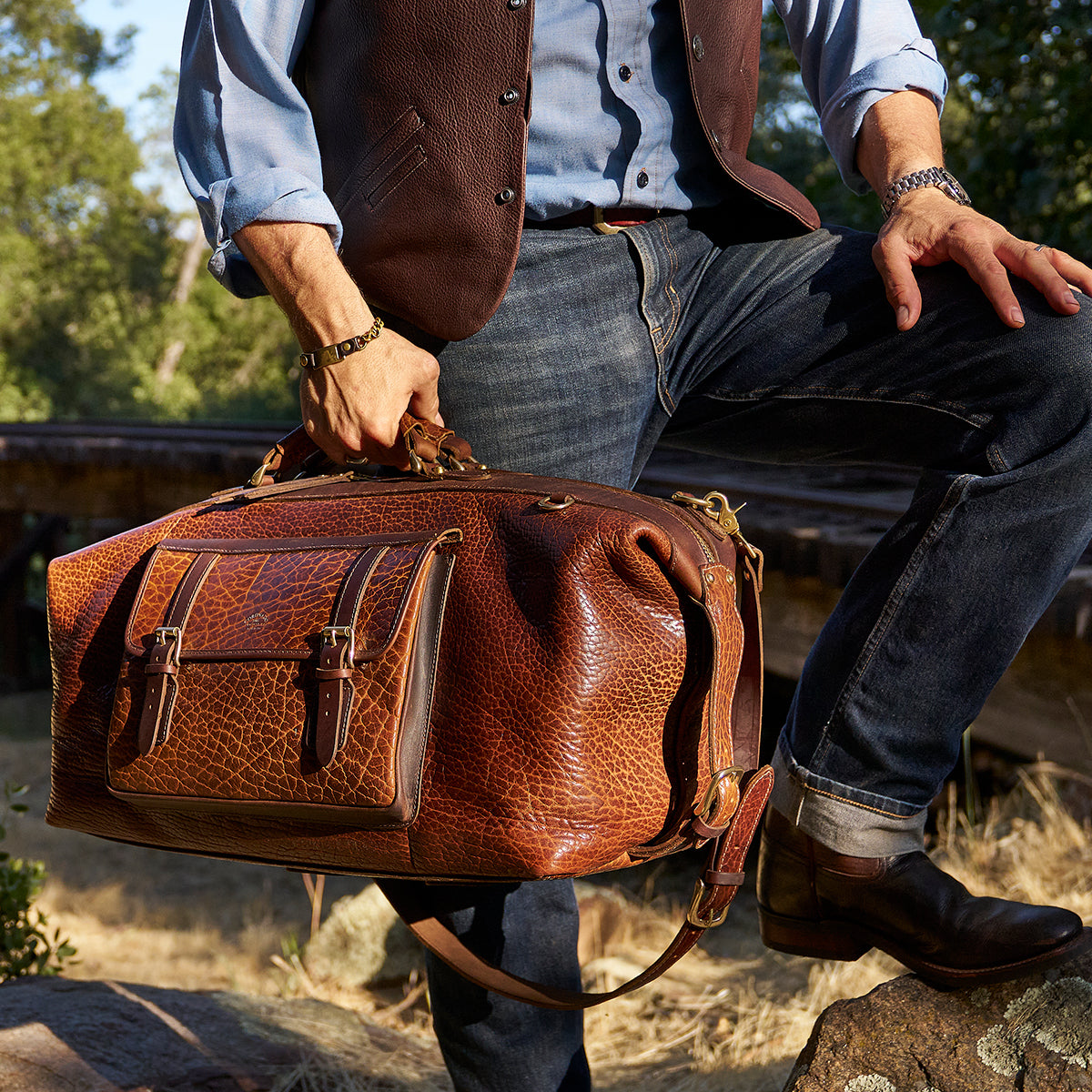 Coronado No.207 CEO Bison Leather Duffle Bag - Walnut - Dudes Boutique