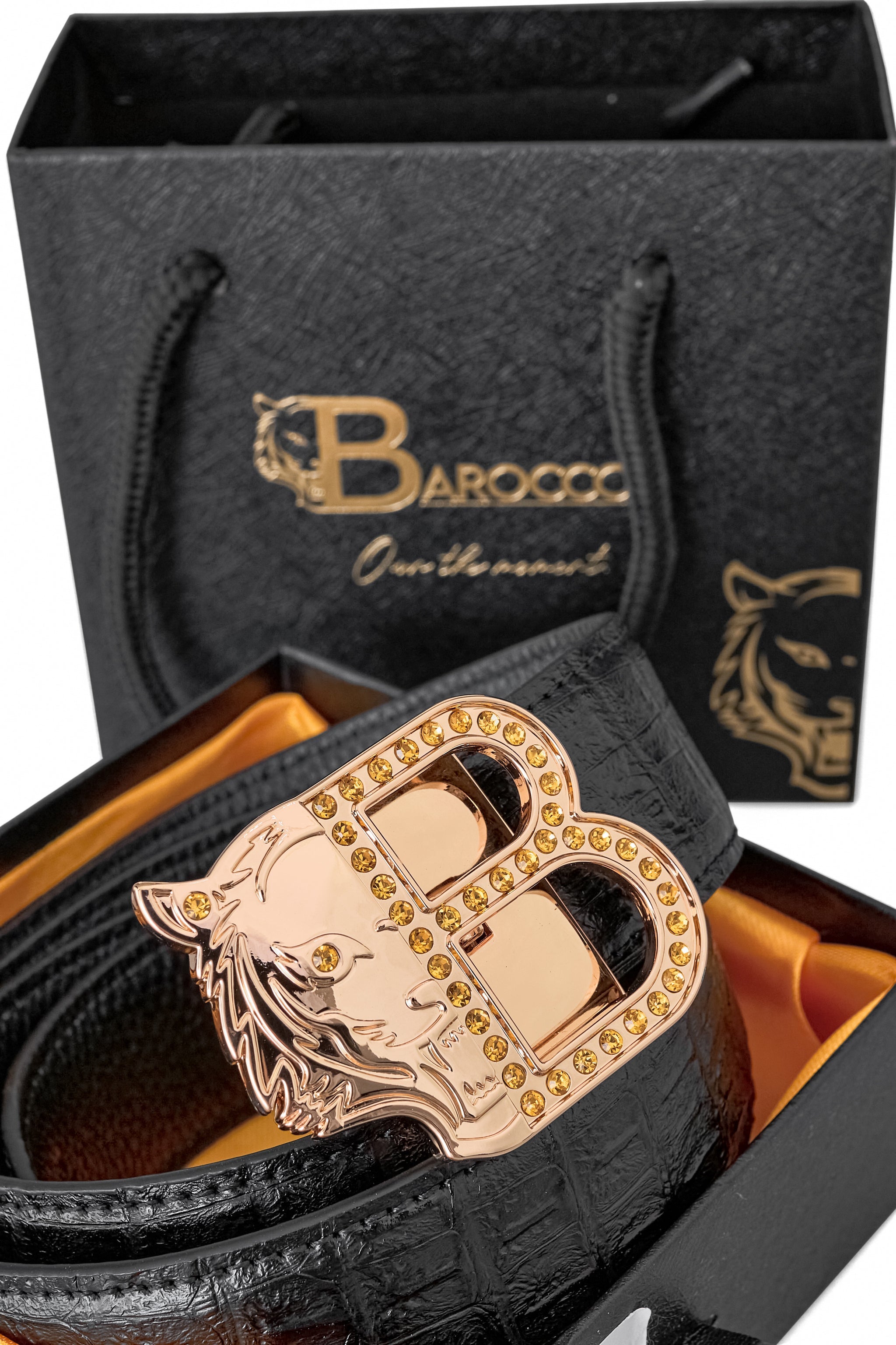 Croc-Embossed Leather Auto BKL Belt ā Gold Edition GOLD/BLACK