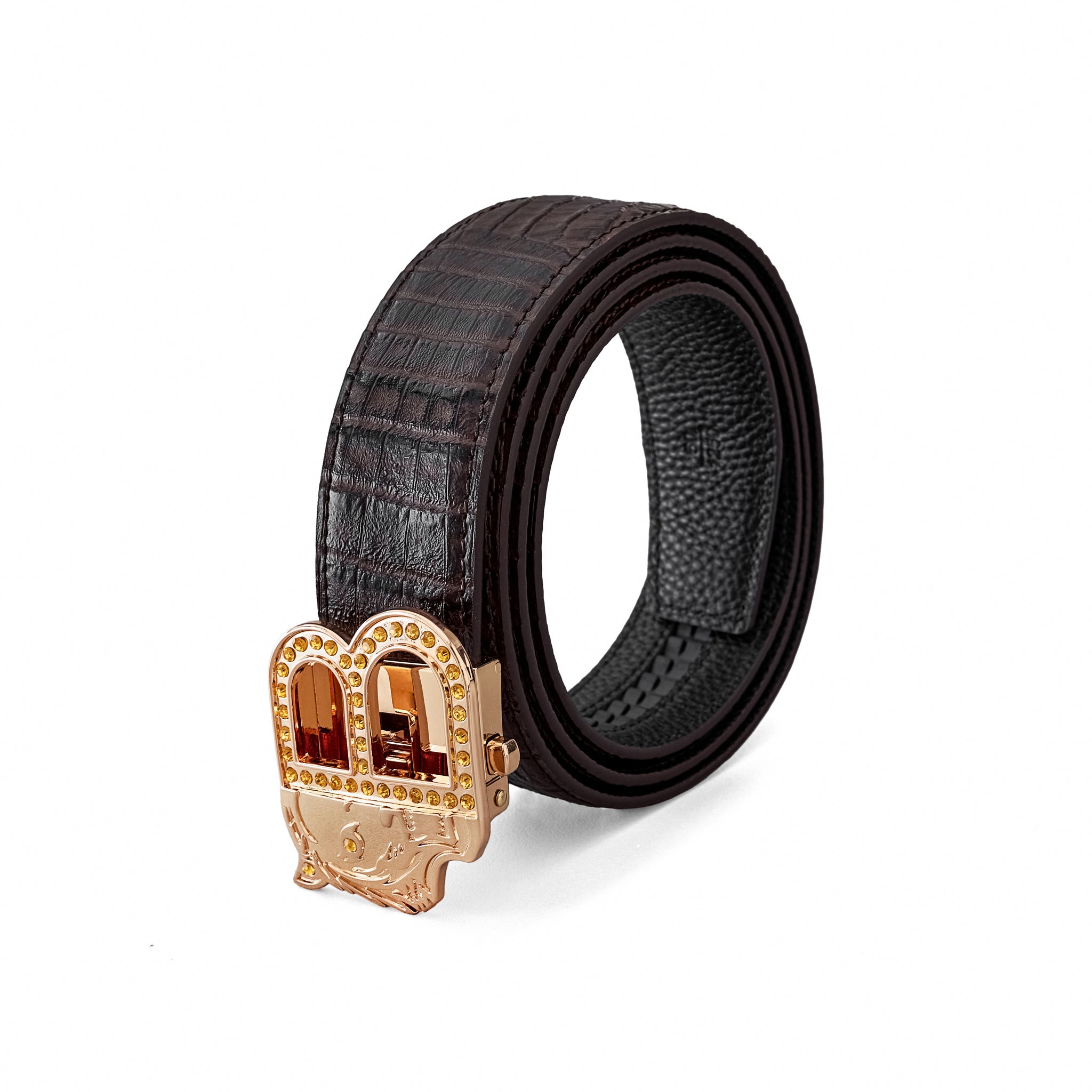 Croc-Embossed Leather Auto BKL Belt ā Gold Edition GOLD/COFFEE