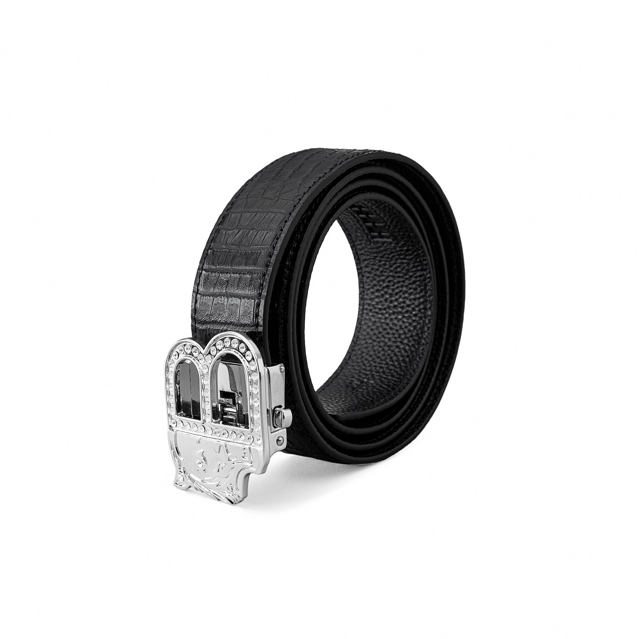 Croc-Embossed Leather Auto BKL Belt ā Silver Ed. SILVER/BLACK
