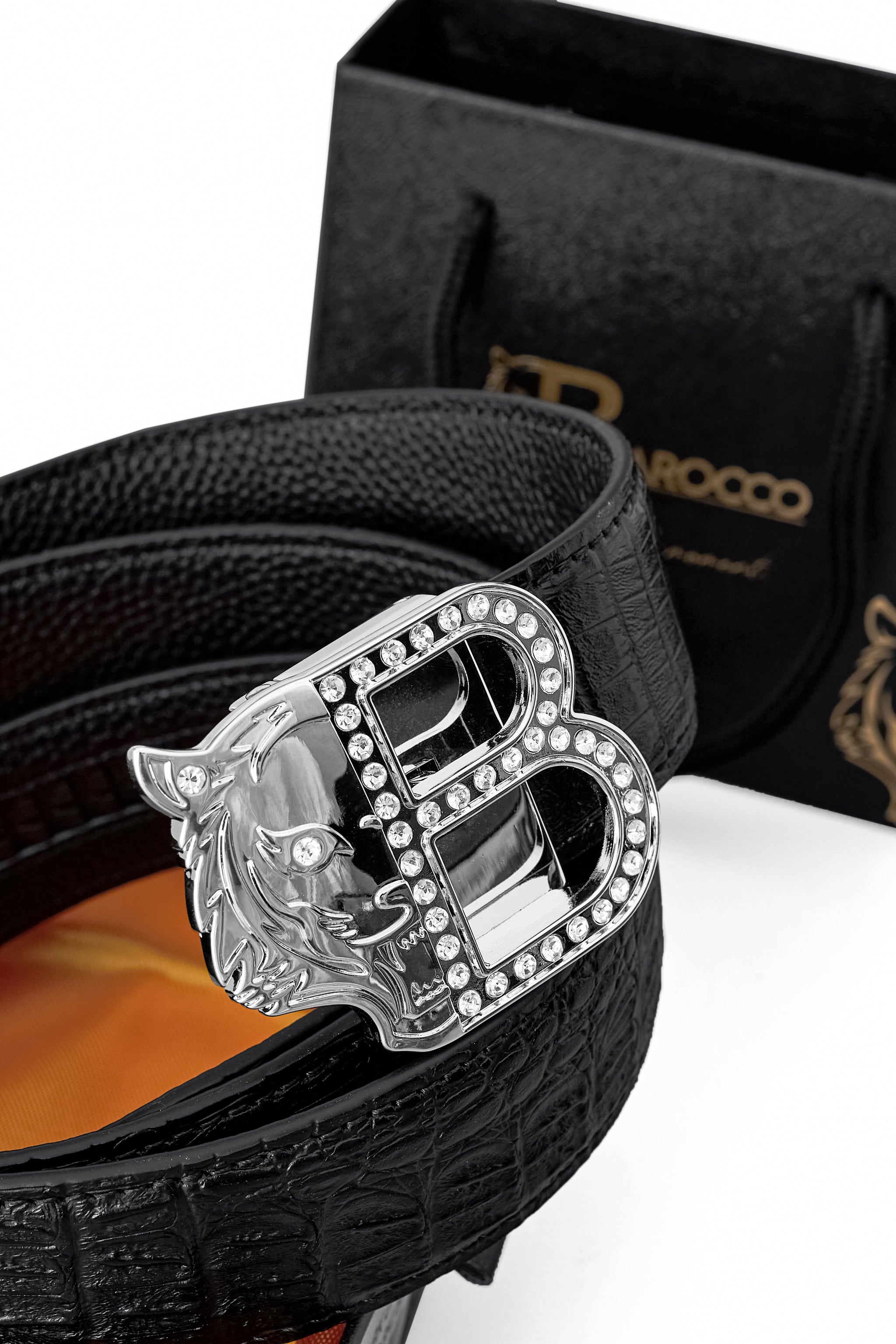 Croc-Embossed Leather Auto BKL Belt ā Silver Ed. SILVER/BLACK