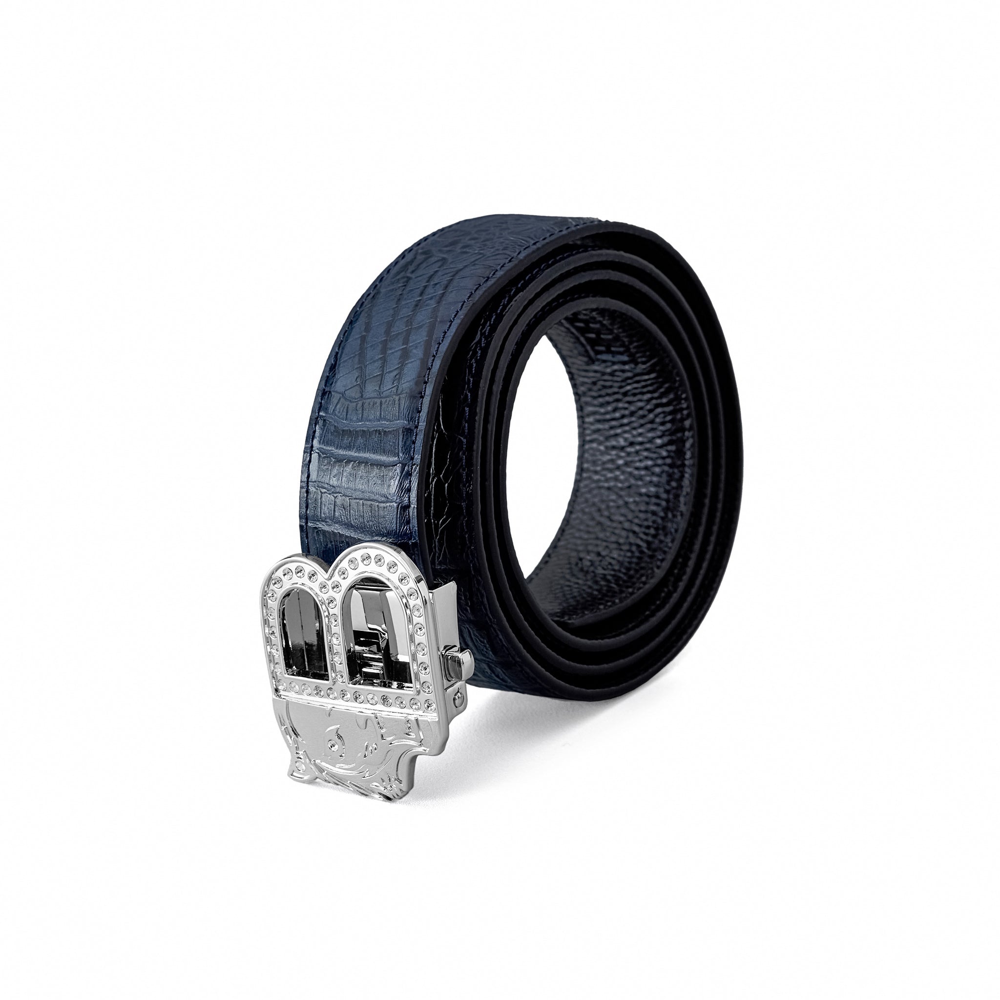 Croc-Embossed Leather Auto BKL Belt ā Silver Ed. SILVER/NAVY