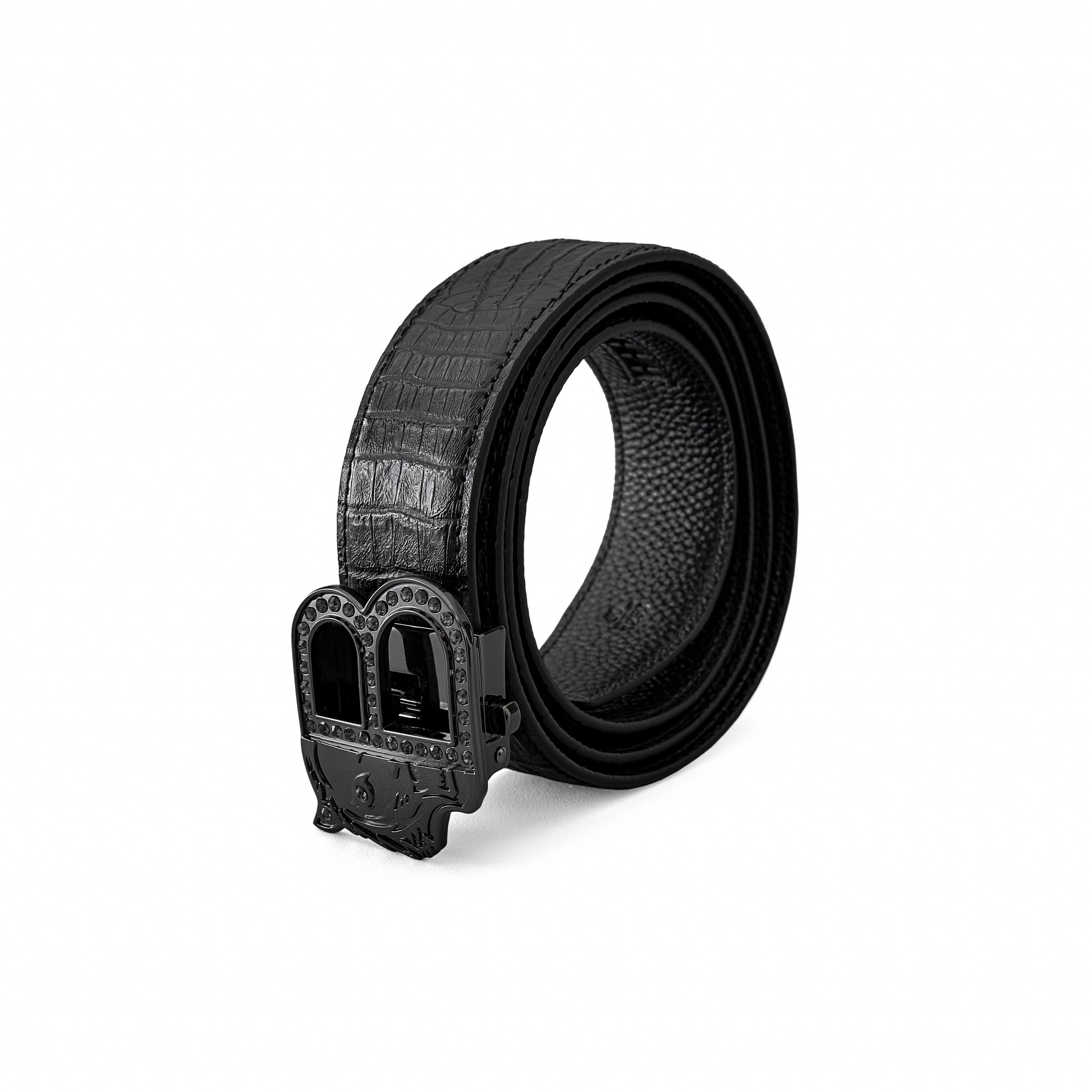 Croc-Embossed Leather Auto BKL Belt ā Blackout Ed. GUN/BLACK