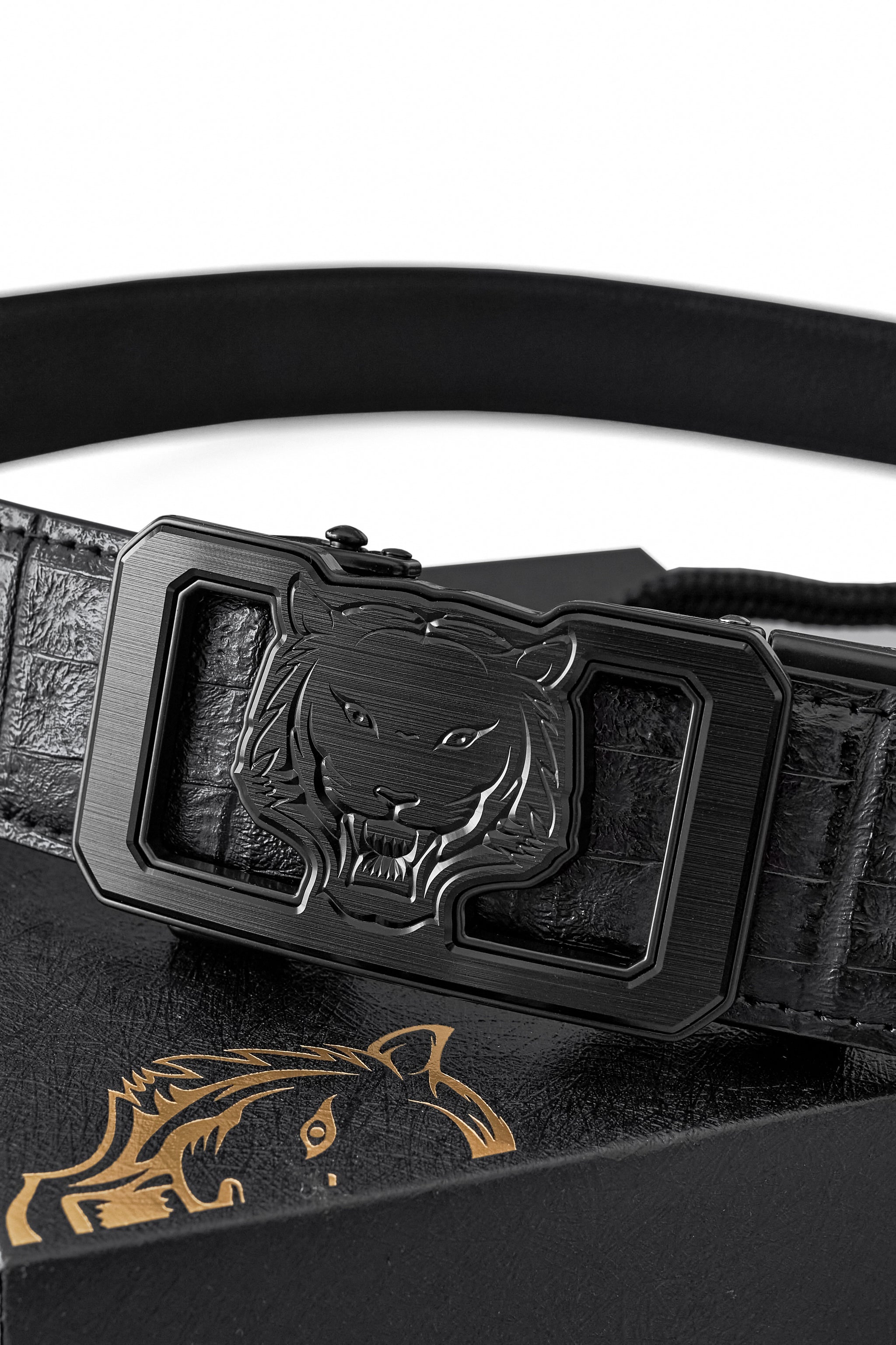 Croc-Embossed Lion Auto BKL Belt ā Blackout Ed. BLACK/BLACK