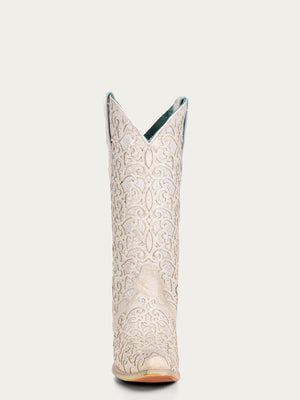 Corral Boots Women's White Glitter Overlay And Embroidery Triad Snip Toe Cowboy Boot - Dudes Boutique