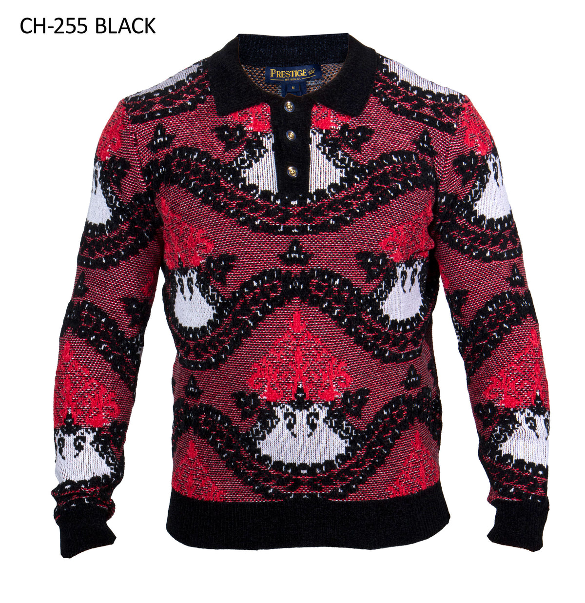 Prestige CH-255 men's black polo-collar jacquard sweater