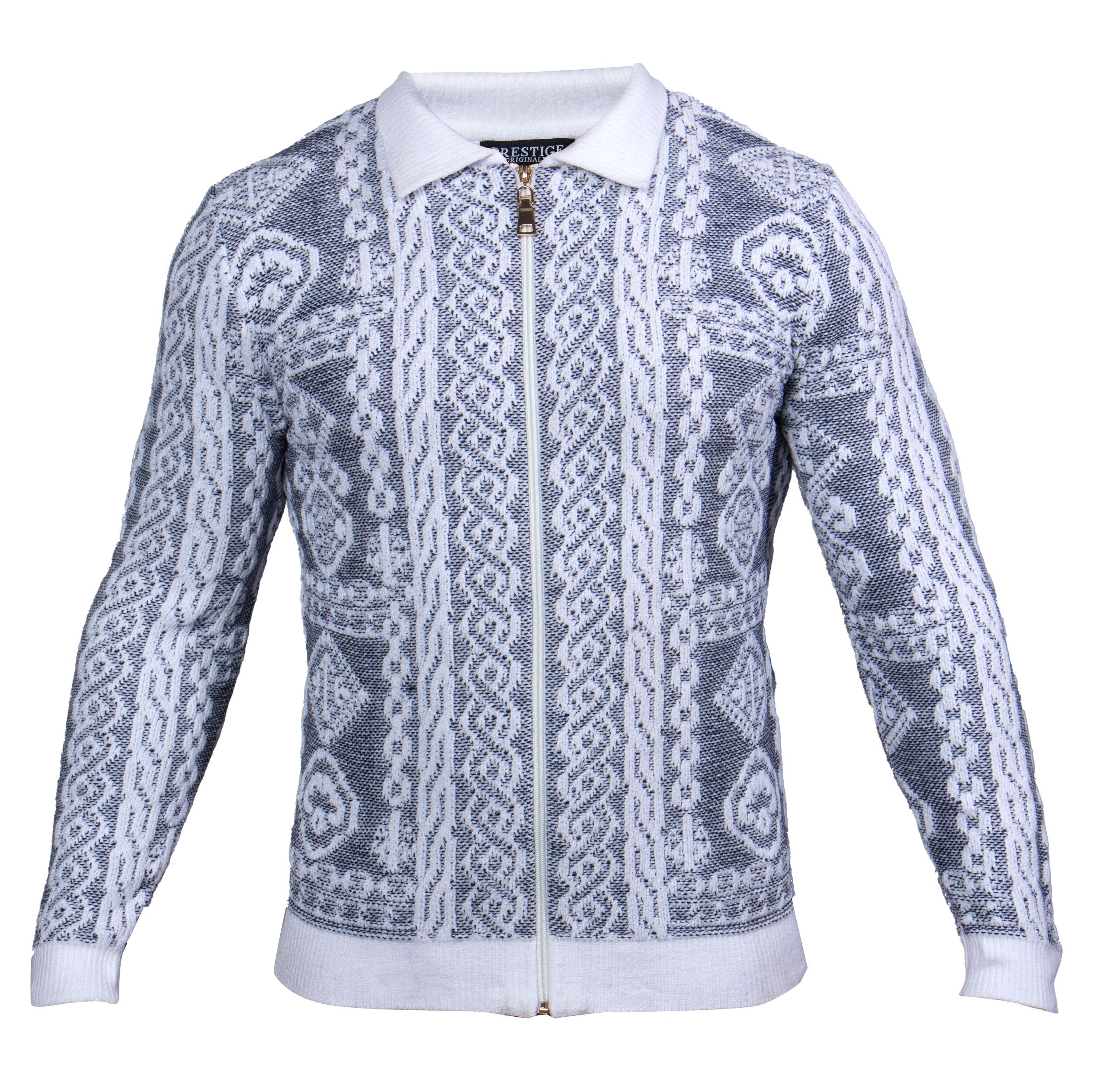 Prestige White Baroque Knit Full-Zip Sweater