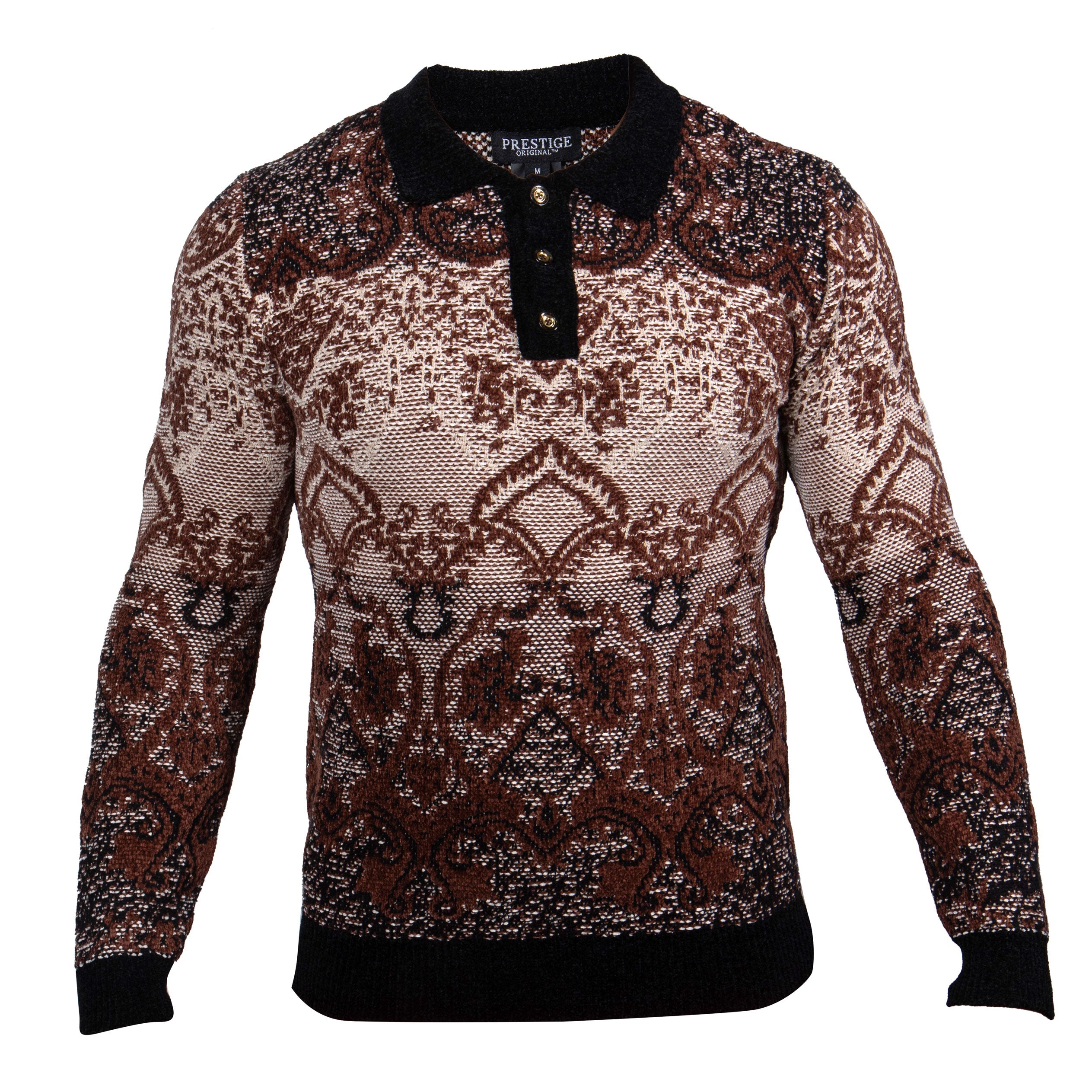 Prestige Men’s Baroque Jacquard Knit Sweater – Black & Mocha