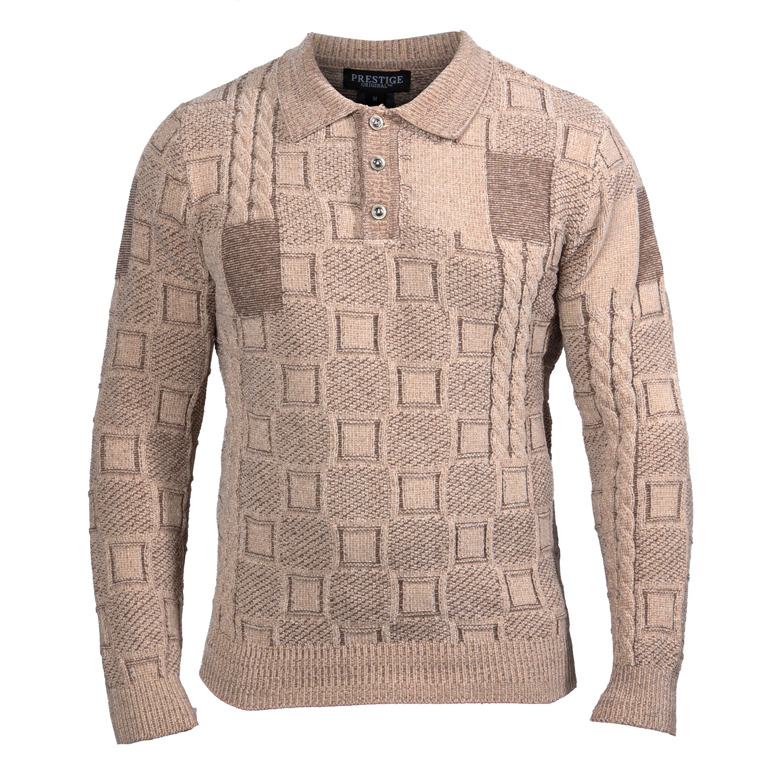 Prestige Monarch Grid Tan Knit Polo Sweater