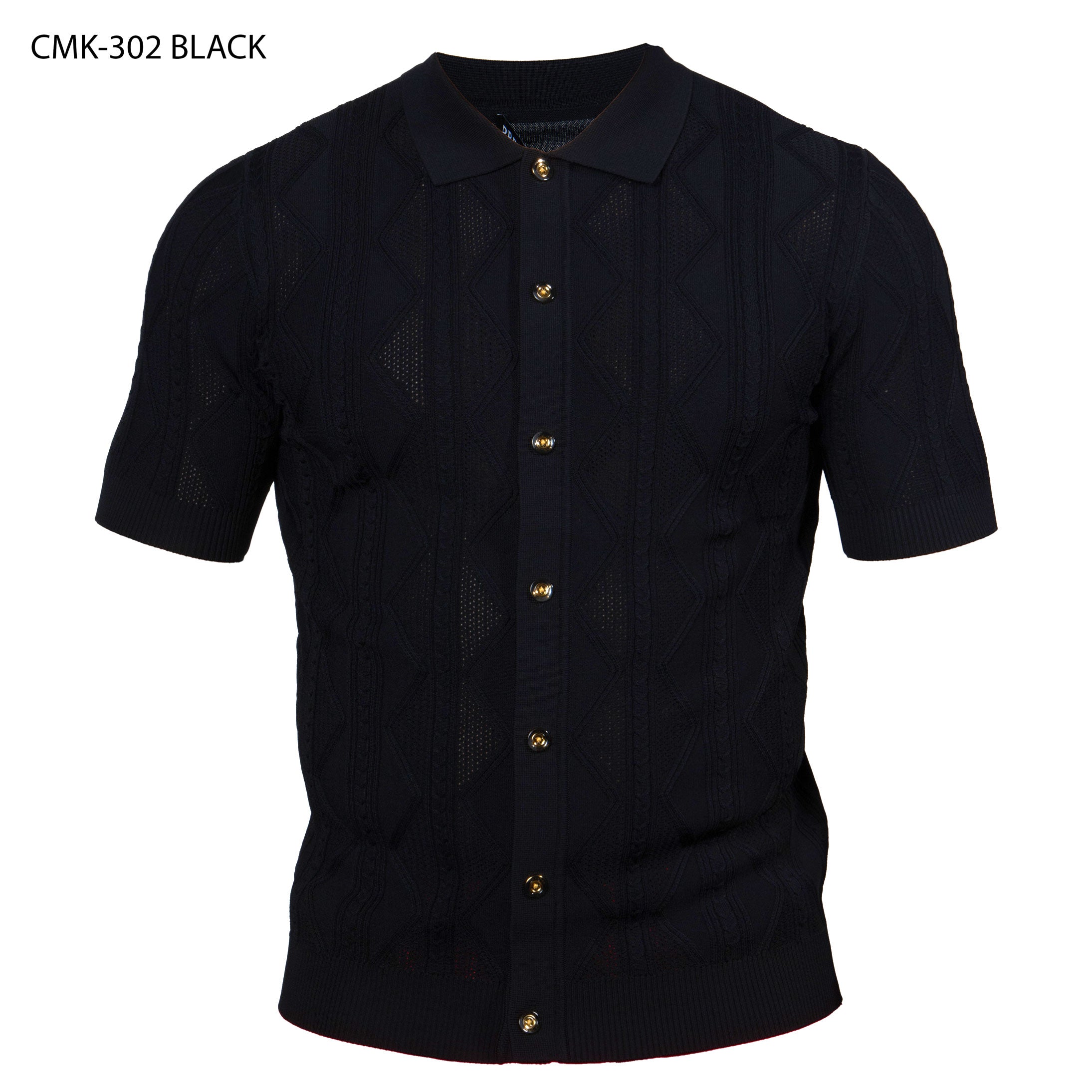 Black Mens Knit Short Sleeve Button Down Regular Fit Textured-knit