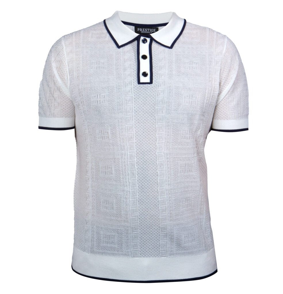 Prestige White Greek Key Knit Button Polo Shirt - Dudes Boutique