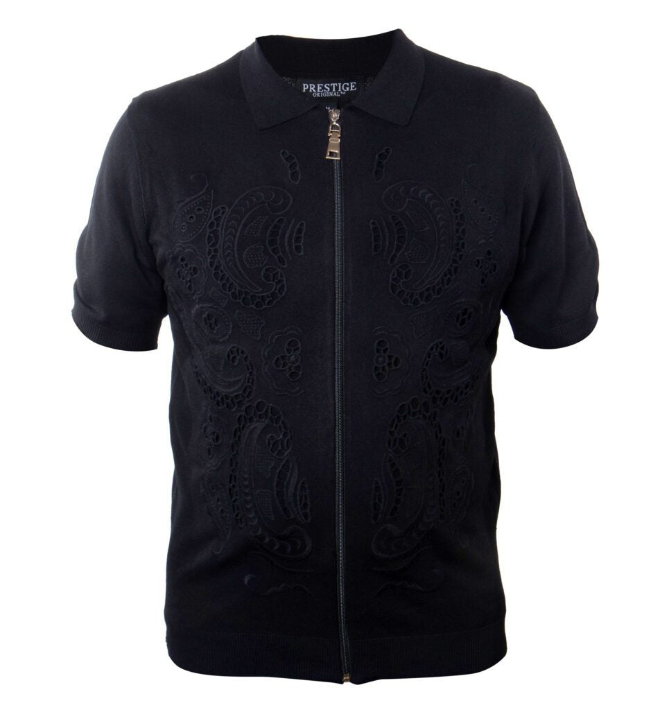 Prestige Black Embroidered Paisley Zip Up Polo Shirt - Dudes Boutique