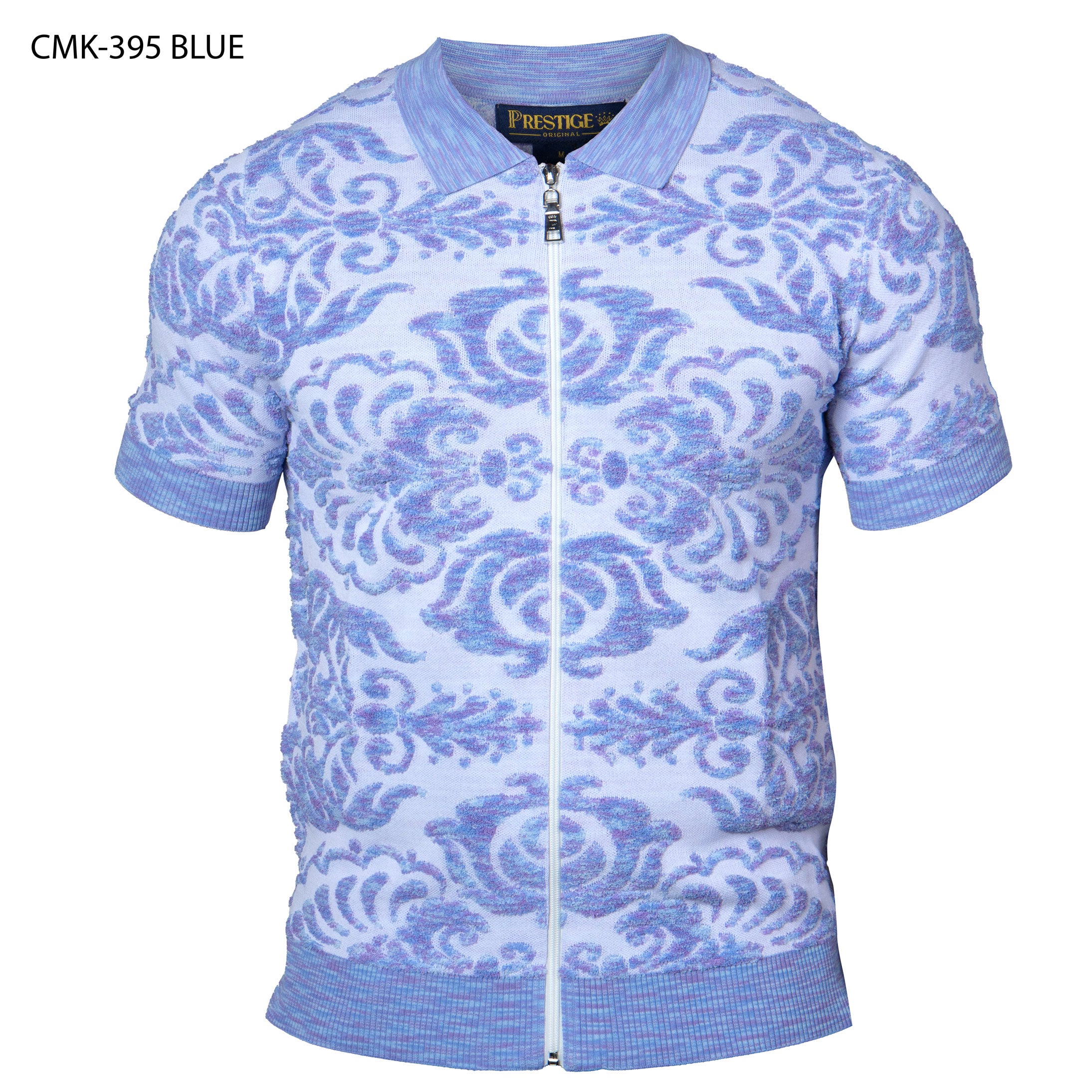 Prestige Blue Baroque Zip-Up Knit Shirt - Dudes Boutique
