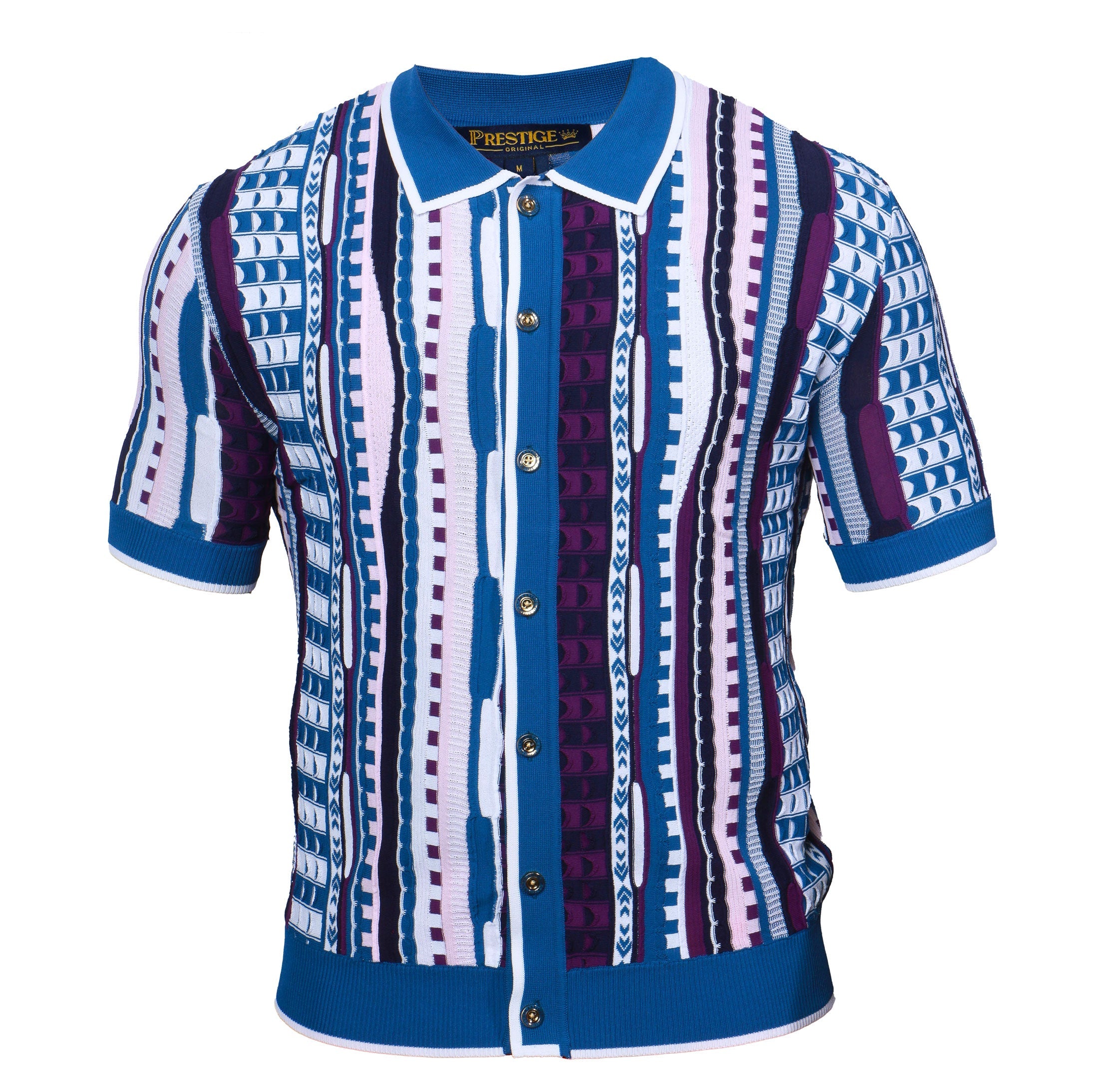 Prestige Men's Denim Blue Knit Button-Up Polo Shirt