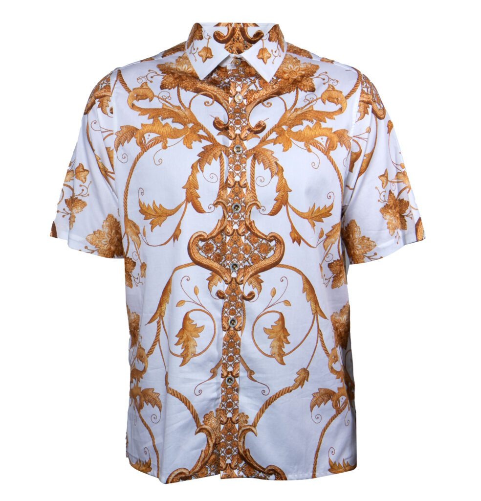 Dress Shirt White And Gold Designer Shirt Prestige White Royal Gold Leaf Short Sleeve Button Up Dress Shirt White And Gold Designer Shirt Prestige White Royal Gold Leaf Short Sleeve Button Up