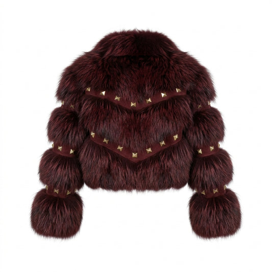 Kashani Women's Burgundy Fox Fur Jacket with Gold Pyramid Studs