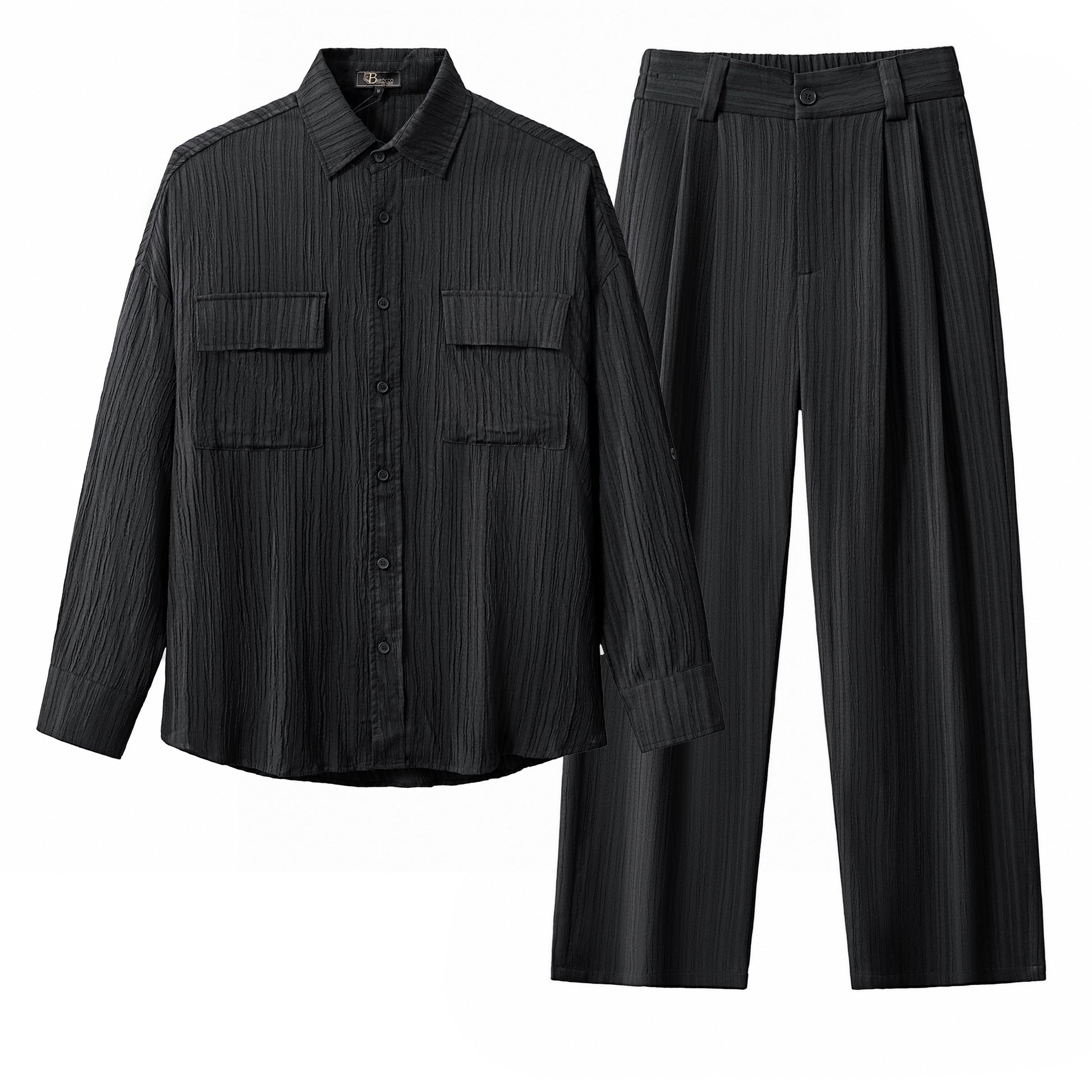 Crinkle Texture Shirt & Pant Set BLACK