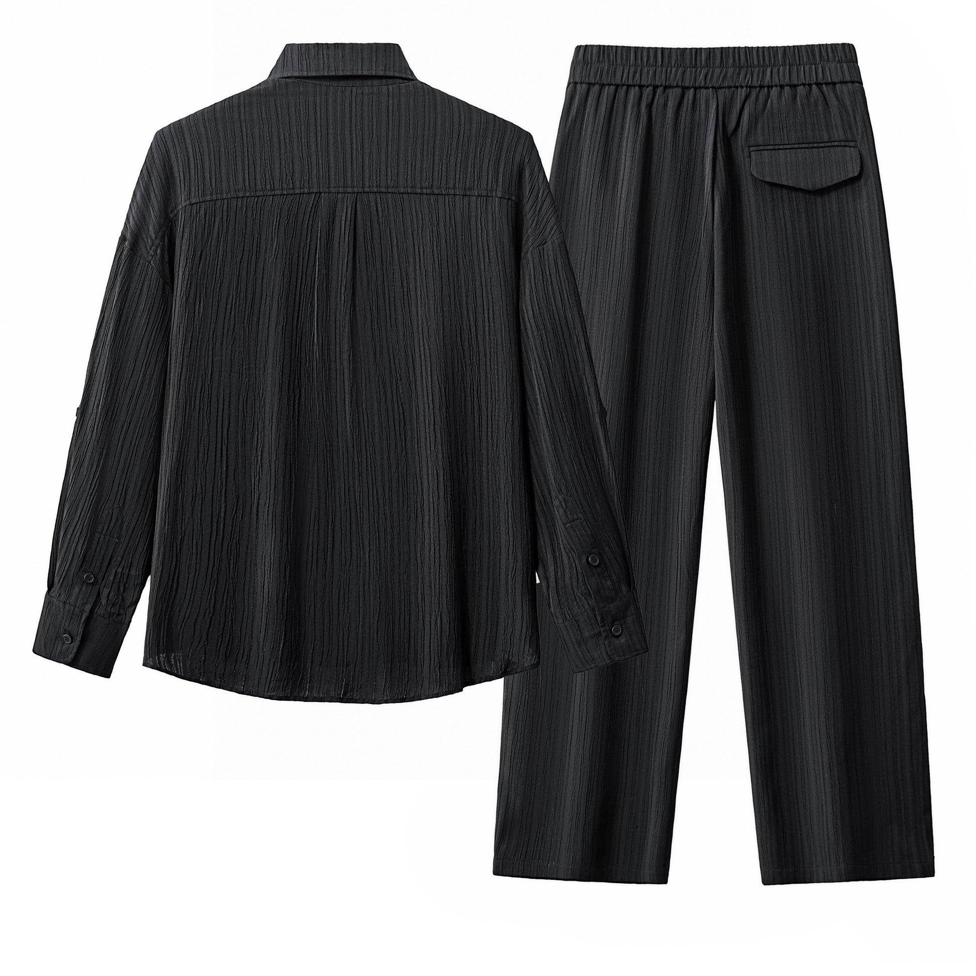 Crinkle Texture Shirt & Pant Set BLACK