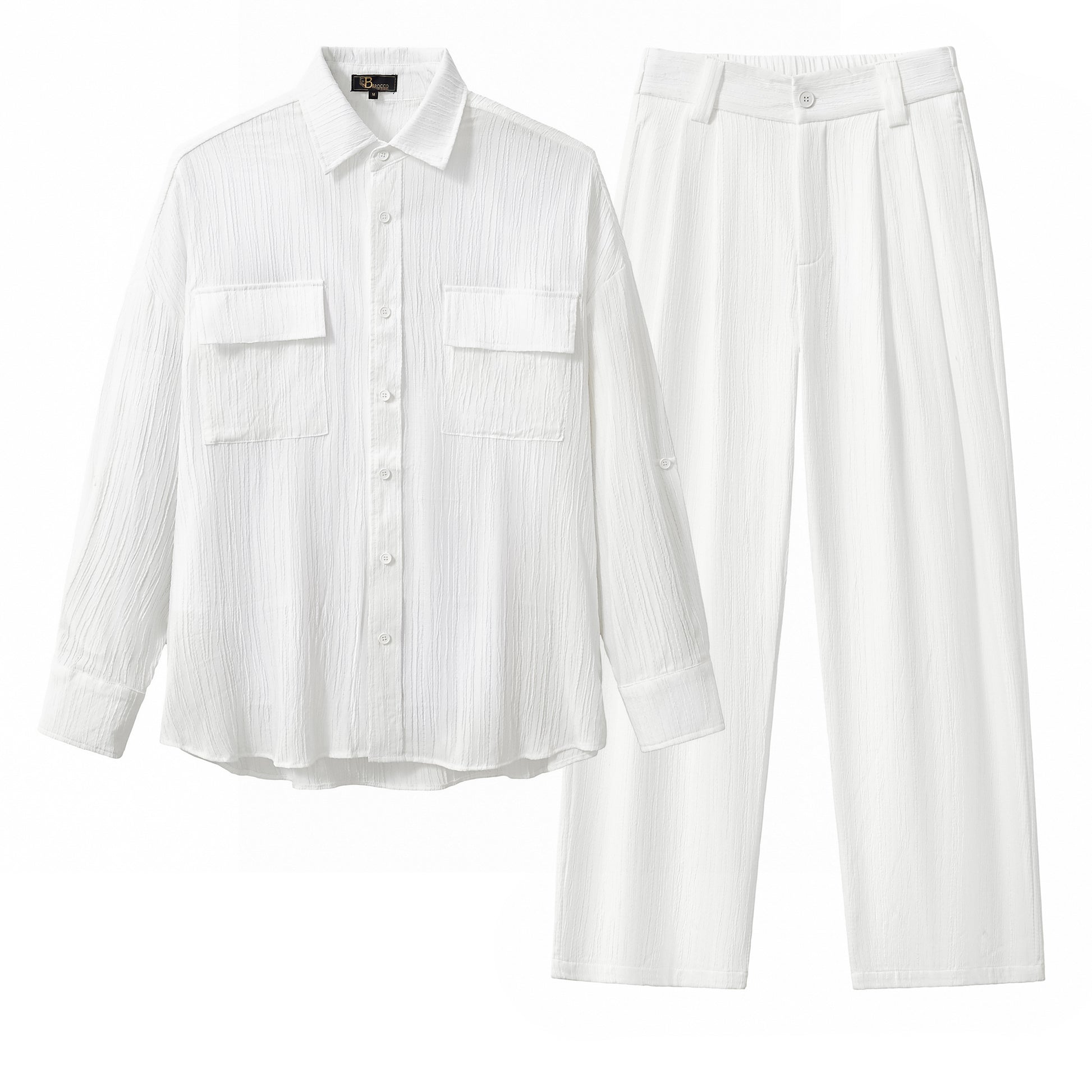 Crinkle Texture Shirt & Pant Set WHITE