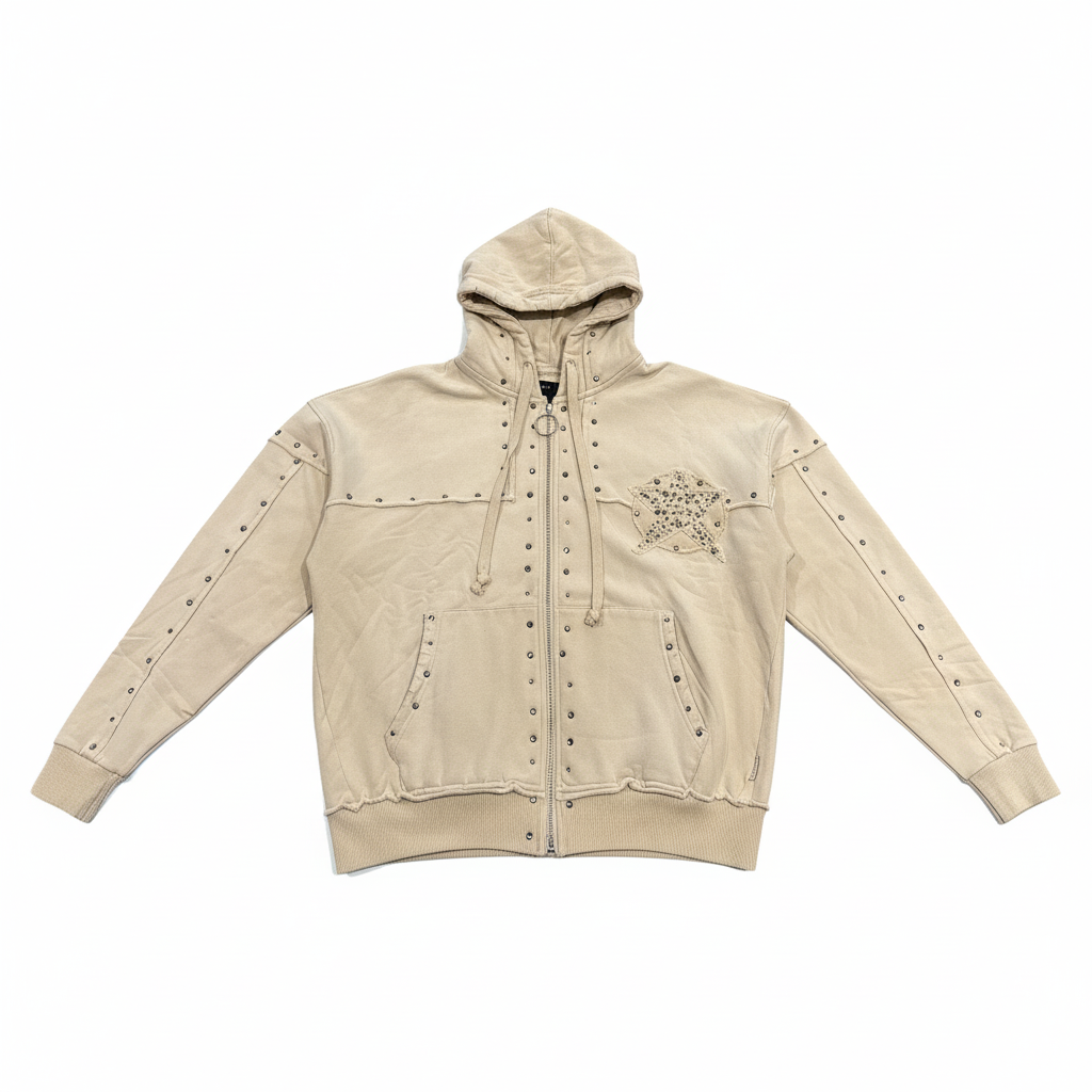 Hudson Beige Crystal Studded Zip-Up Hoodie