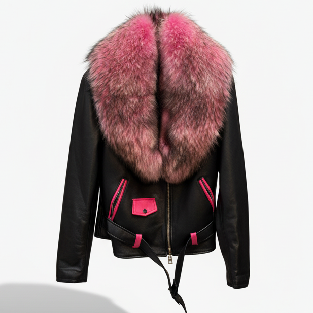 Kashani Women's Pink Fox Fur Biker Jacket
