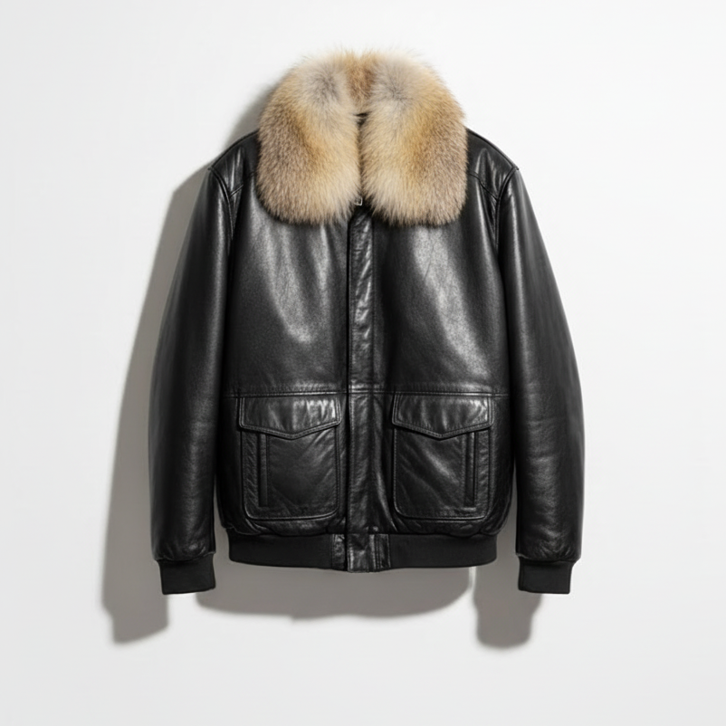 Kashani Leather Black Lambskin Red Fox Collar Bomber Jacket