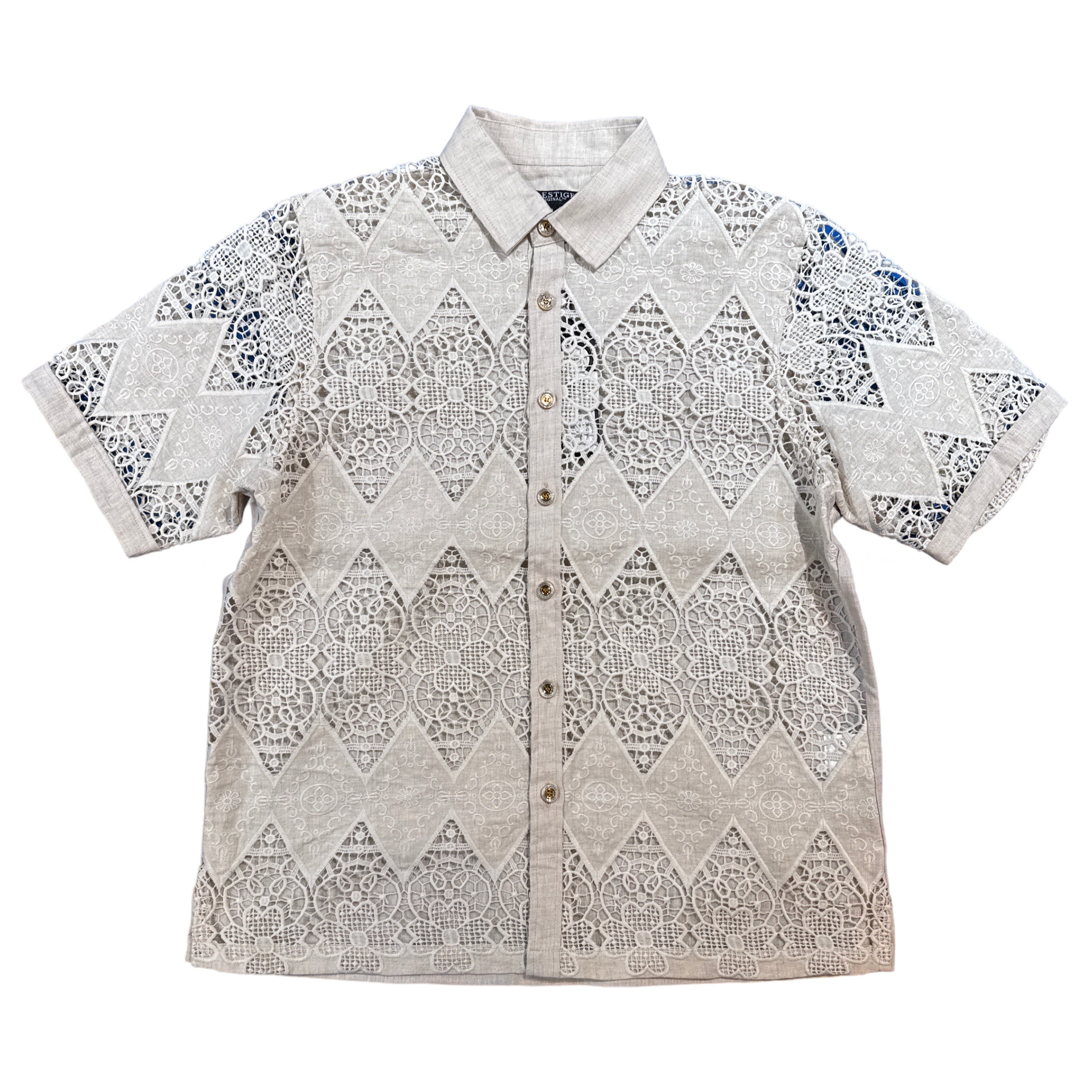 Prestige Oatmeal Lace Cut-Out Short Sleeve Button-Up Shirt - Dudes Boutique