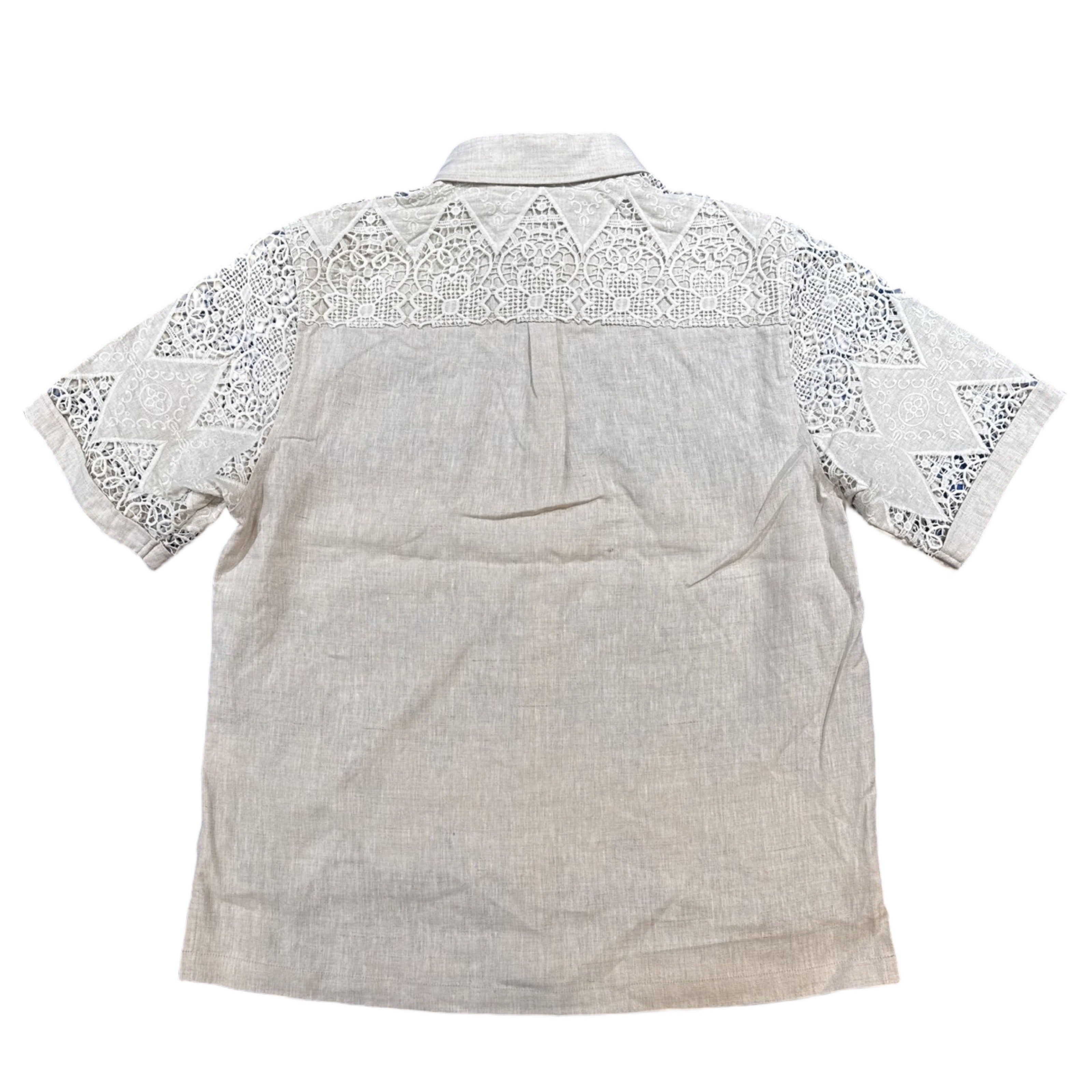 Prestige Oatmeal Lace Cut-Out Short Sleeve Button-Up Shirt - Dudes Boutique