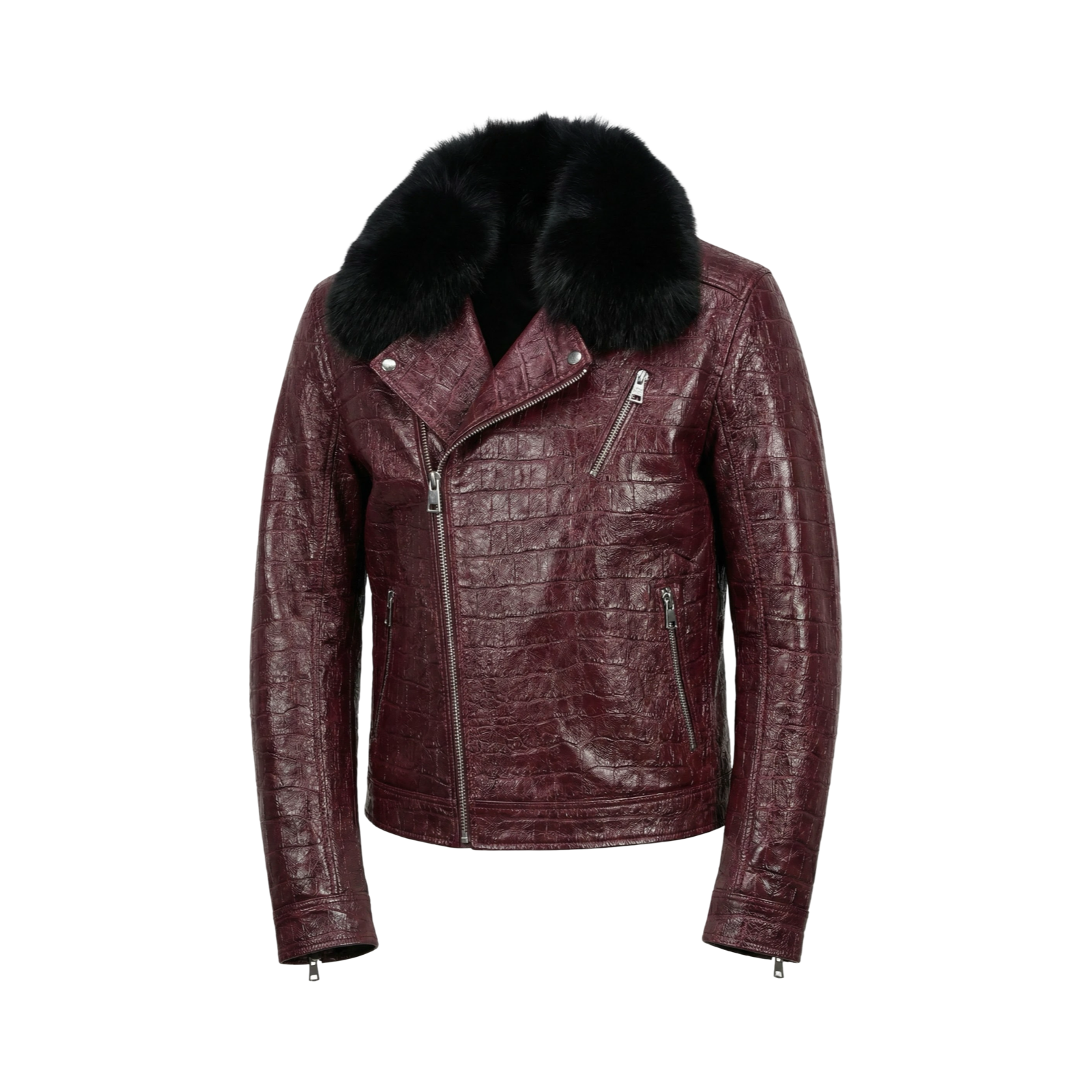 Kashani Burgundy Embossed Alligator Fox Biker Jacket