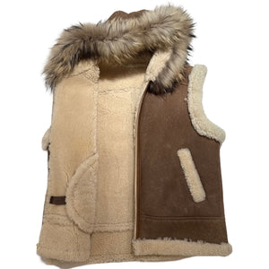 Kashani Men's Shearling Vest with Fur-Trimmed Hood – Tan & Cream - Dudes Boutique