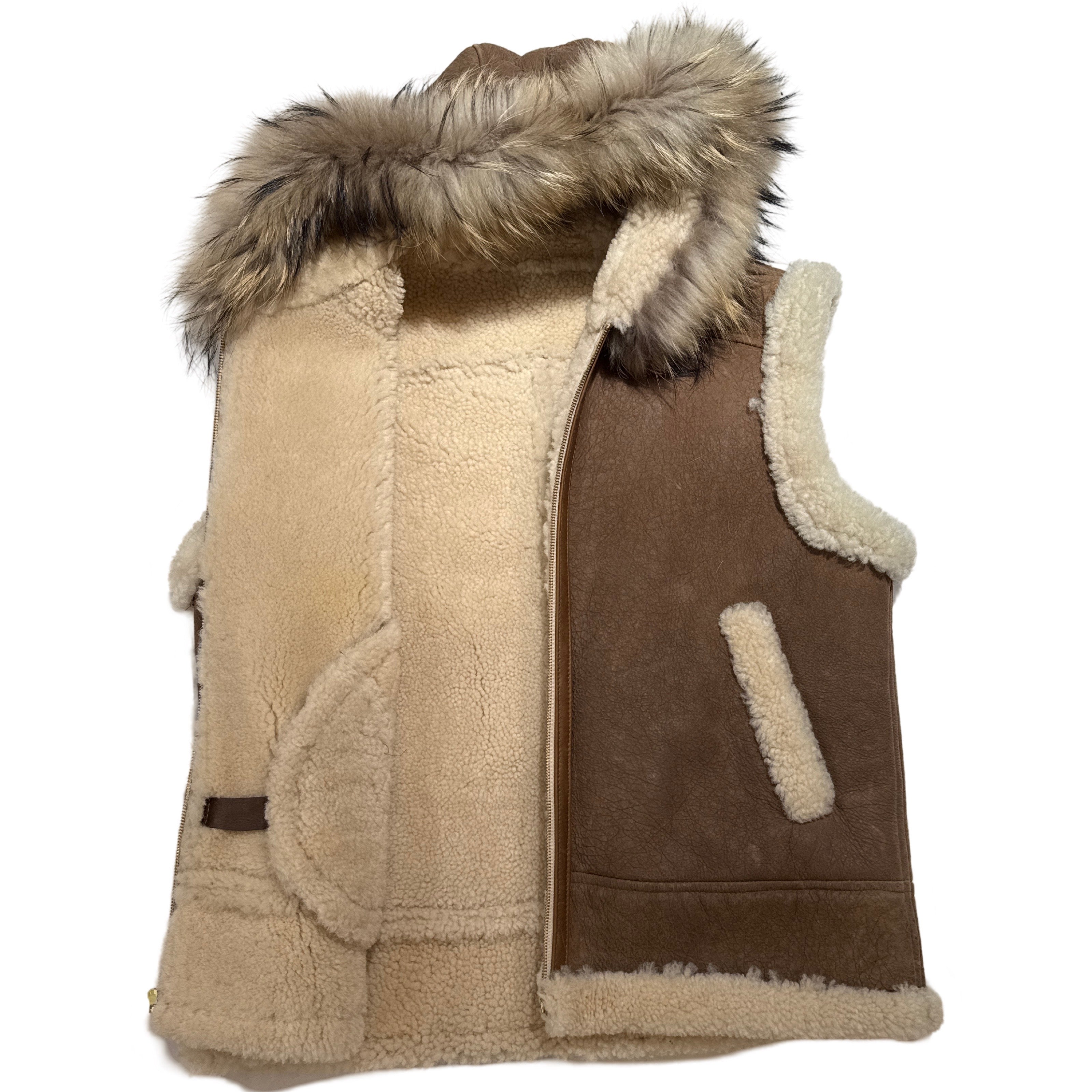 Kashani Men's Shearling Vest with Fur-Trimmed Hood – Tan & Cream - Dudes Boutique