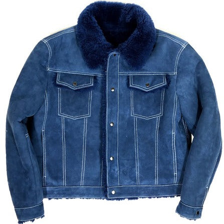Kashani Steel Blue Button Up Shearling Jacket - Dudes Boutique