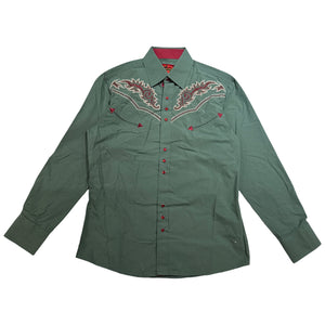 AttrakJeans Green/Red Embroidered Western Button Up Shirt - Dudes Boutique